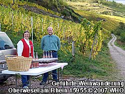 Am Weinberg neben Koblenzer Straße 89 und Bahnübergang angekommen gibt es vor Beginn der Weinwanderung über den Rheinburgenweg (zugleich auch Teil vom Oberweseler Oelsbergsteig) die erste Mittelrhein-Weinprobe.