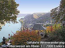 Blick vom Günderodehaus auf den Sieben-Jungfrauen-Blick im Vordergrund und auf Oberwesel im Mittelrheintal mit der Schönburg im Hintergrund.