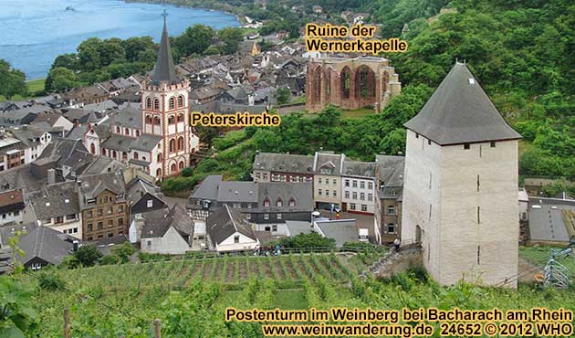 Bacharach am Rhein – Postenturm in den Weinbergen, Ruine der Wernerkapelle und Peterskirche