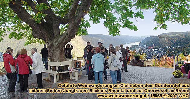 Weinerlebnis am Ziel der Weinwanderwege oder einer Weinbergsrundfahrt beim Gründerrodehaus am Burgensteig bzw. Rhein-Höhen-Weg am Mittelrhein Blick ins Rheintal auf Oberwesel und die Schönburg.