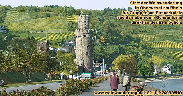 Start der Weinwanderung in Oberwesel am Rhein für Gruppen am Busparkplatz rechts neben dem Ochsenturm, direkt an der B 9 möglich.