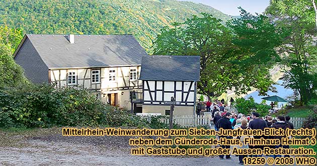 Mittelrhein-Weinwanderung zum Sieben-Jungfauen-Blick neben dem Gnderode-Filmhaus oberhalb von Oberwesel am Rhein.