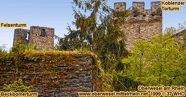 Bei der Weinwanderung in Oberwesel hat man Blick aus Richtung Ochsenturm auf den Beckbomerturm, Felsenturm und Koblenzer Torturm.