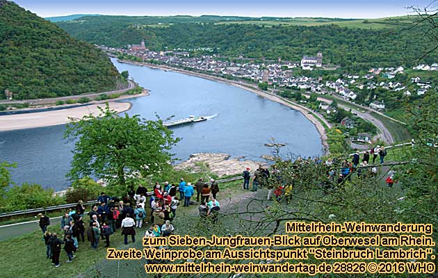 Mittelrhein-Weinwanderung zum Sieben-Jungfrauen-Blick auf Oberwesel am Rhein. Zweite Weinprobe am Aussichtspunkt "Steinbruch Lambrich".Mittelrhein-Weinwandertag.